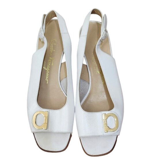 Salvatore Ferragamo White Leather Logo Accent Peep Toe Low Heel Slingbacks 7B - Picture 3 of 13